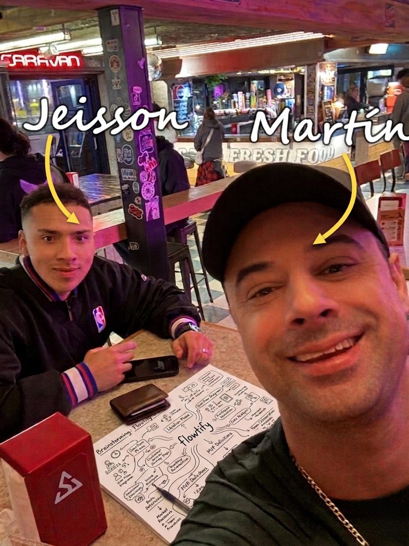 Jeisson and Martin, co-founders of Flowtify, at a table with a hand-drawn Flowtify brainstorm